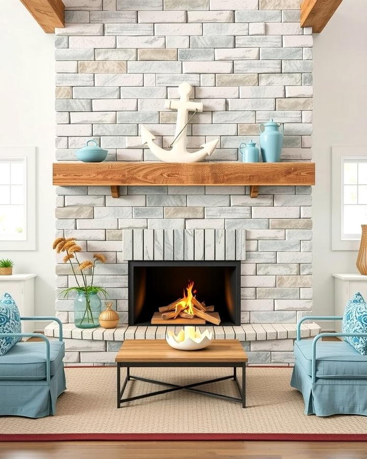 Coastal Themed Fireplace with Driftwood Accents - 25 Outdoor Corner Fireplace Ideas