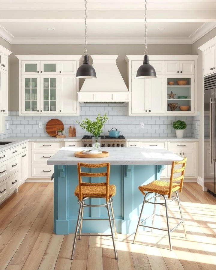 Coastal Vibes with White Cabinets and a Blue Grey Island - 25 White Kitchen Cabinets With Grey Island Ideas