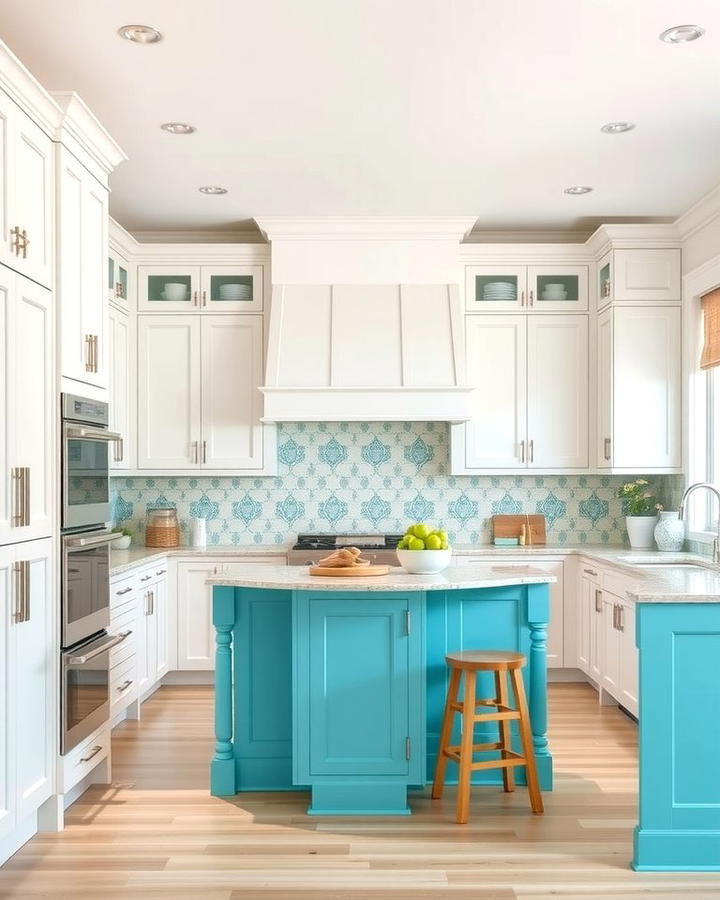 Coastal White Cabinets with a Turquoise Blue Island - 25 White Kitchen Cabinets With Blue Island