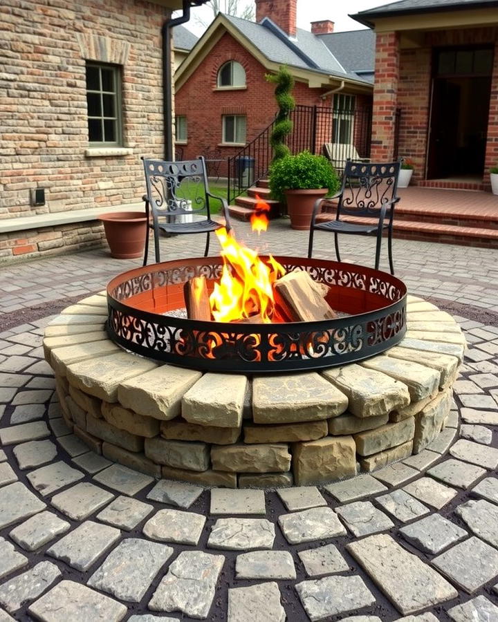 Cobblestone Fire Pit with Iron Accents - 25 Rock Fire Pit Ideas