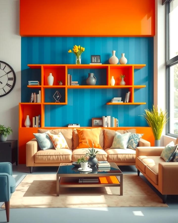 Color Blocked Shelving - 25 orange and blue living room ideas