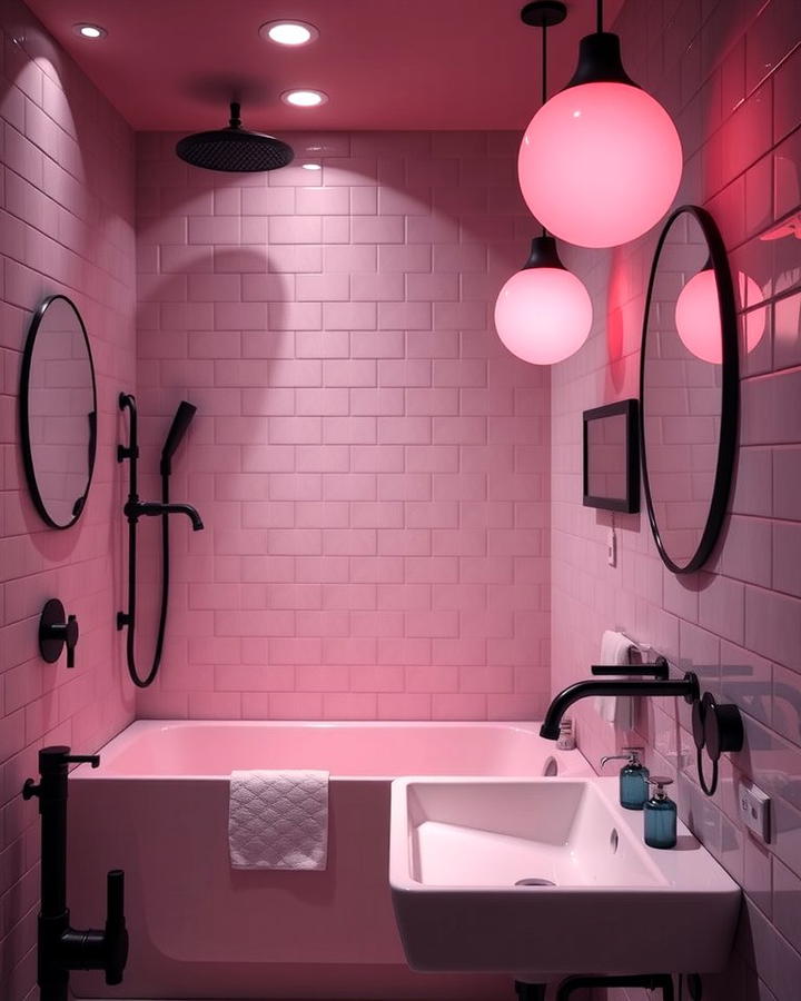 Combine Pink Lighting with Black Fixtures - 25 Pink and Black Bathroom Ideas