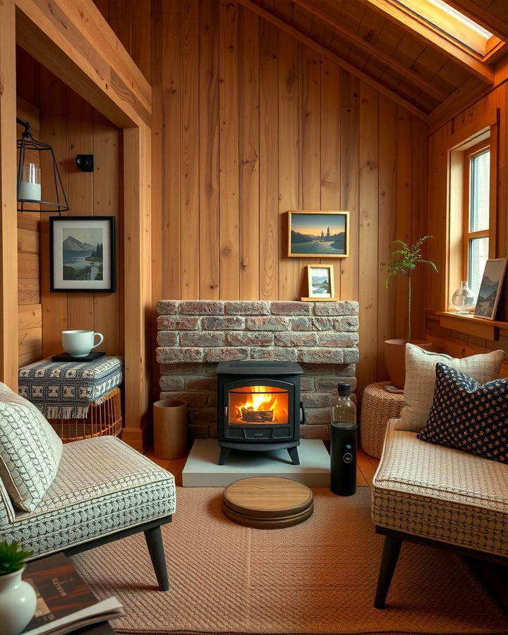 Compact Fireplace for Warmth - 25 One Room Cabin Interior Design Ideas