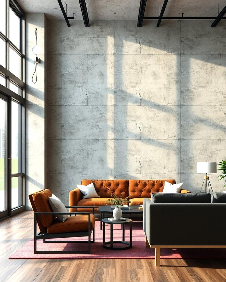 Concrete Accent Walls - 30 Industrial Living Room Ideas