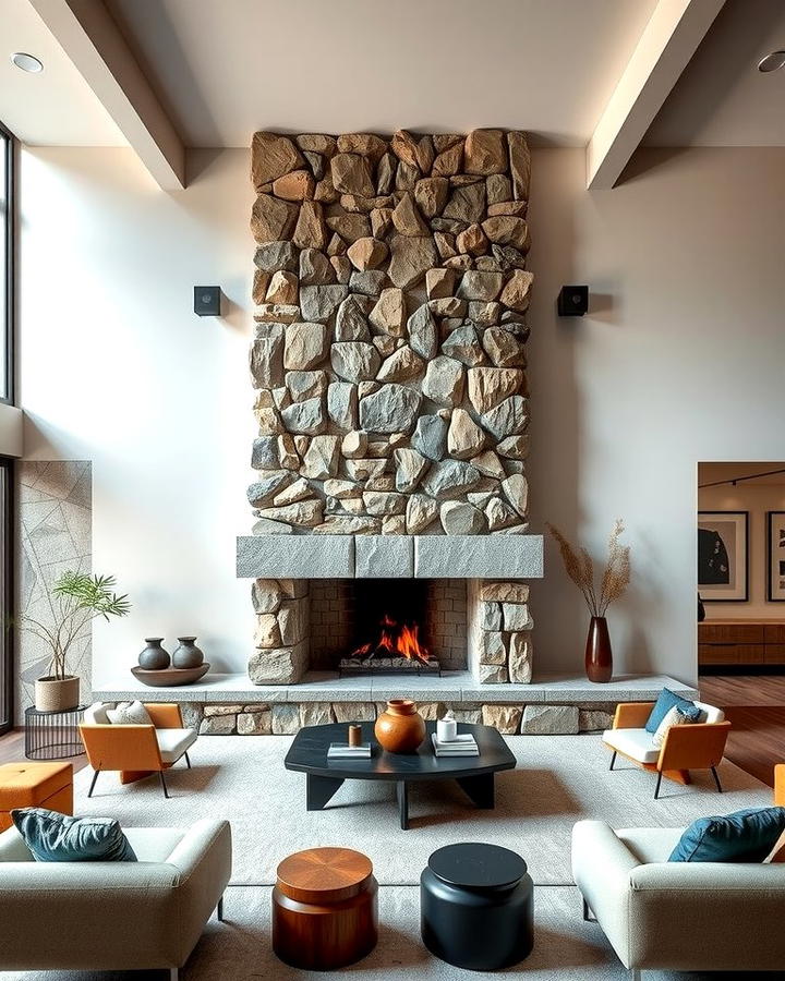 Contemporary Asymmetry - 25 Stacked Stone Fireplace Ideas