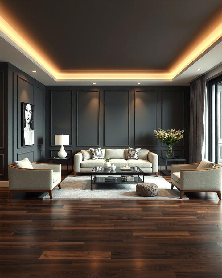 Contemporary Contrast - 30 Grey Living Room With Dark Wood Floors