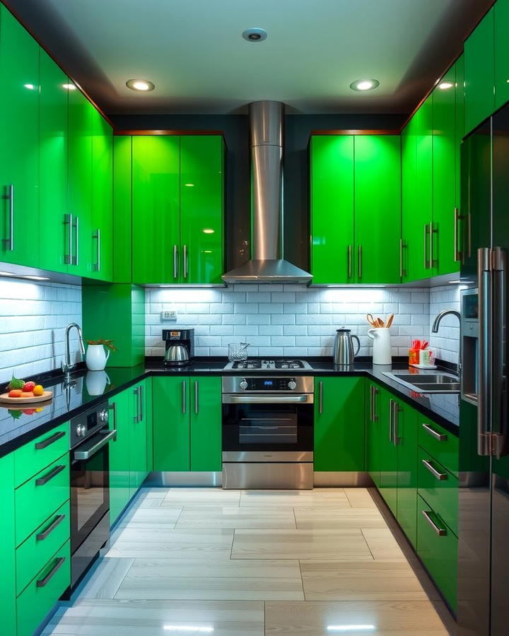 Contemporary Contrast - 30 Green Kitchen Cabinets With Black Countertops