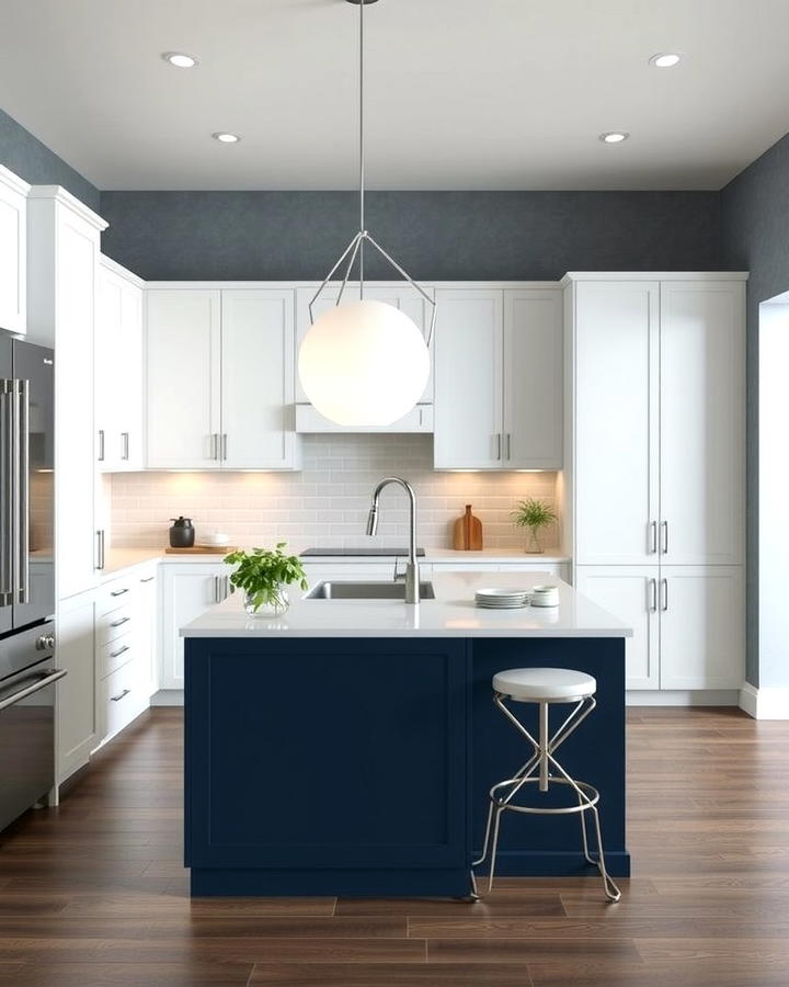 Contemporary Cool with Matte White Cabinets and Dark Blue Island - 25 White Kitchen Cabinets With Blue Island