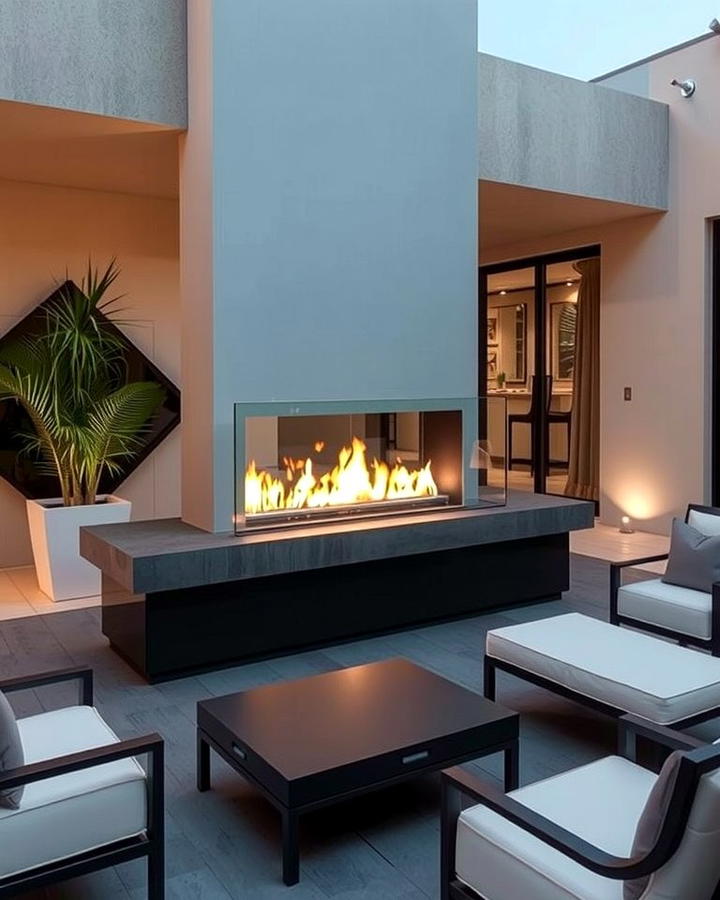 Contemporary Linear Fireplace with Glass Shield - 25 Outdoor Fireplace Ideas