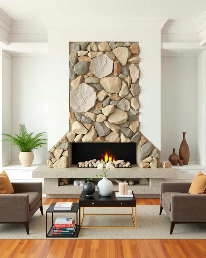 Contemporary River Rock Fireplace with Clean Lines - 25 River Rock Fireplace Ideas