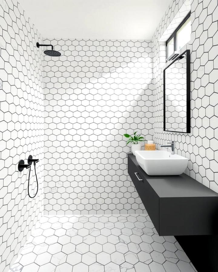 Contrast with Dark Grout and Light Hexagon Tiles - 30 Bathrooms With Hexagon Tile Floors