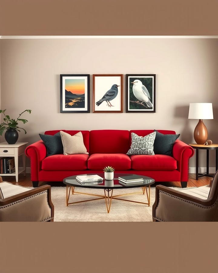 Contrast with Neutral Walls - 25 Red Couch Living Room Ideas