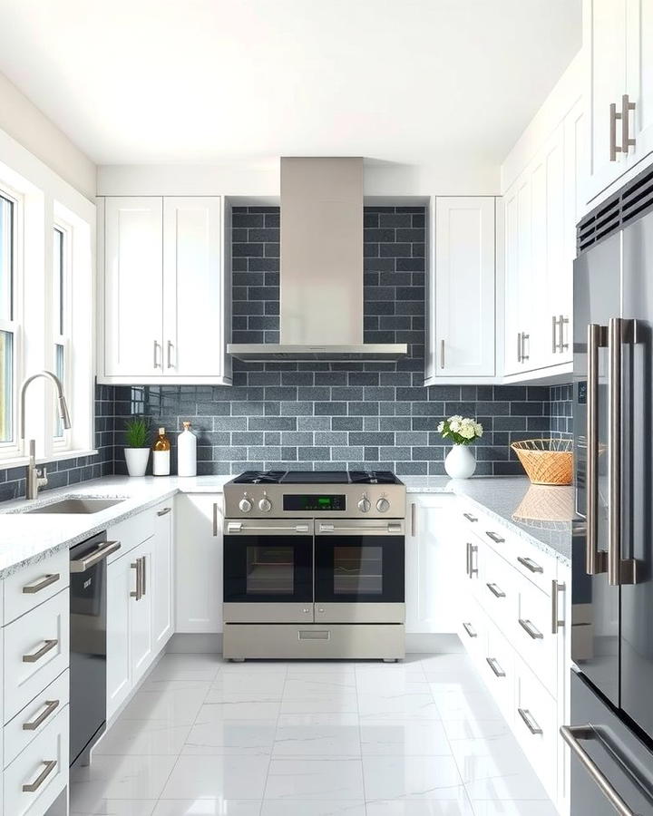 Contrast with a Dark Backsplash - 25 White Kitchen with Stainless Steel Appliances Ideas