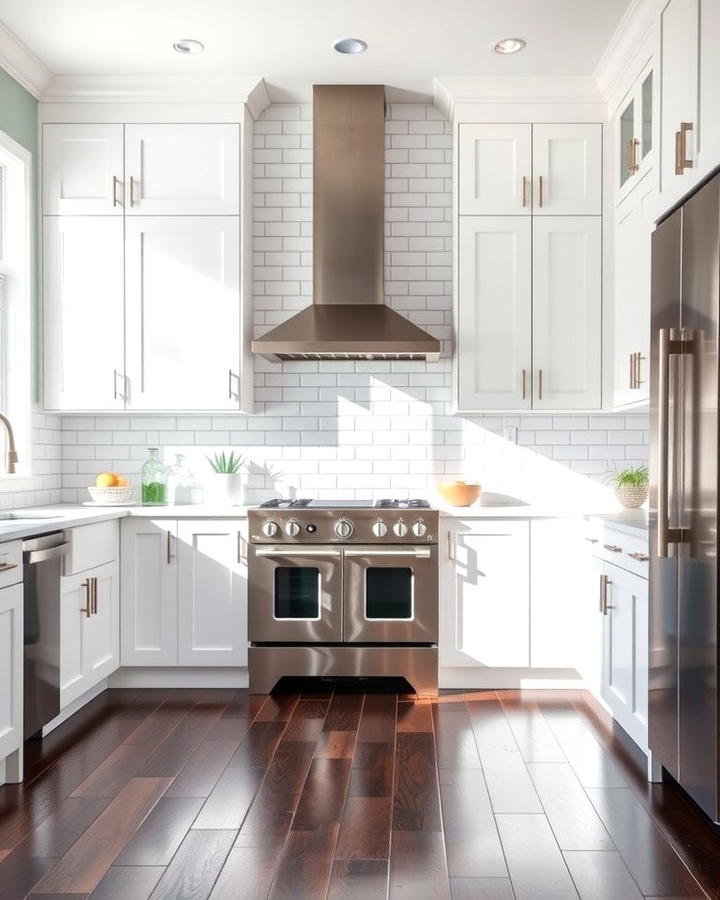 Contrasting Dark Flooring for Depth - 25 White Kitchen with Stainless Steel Appliances Ideas