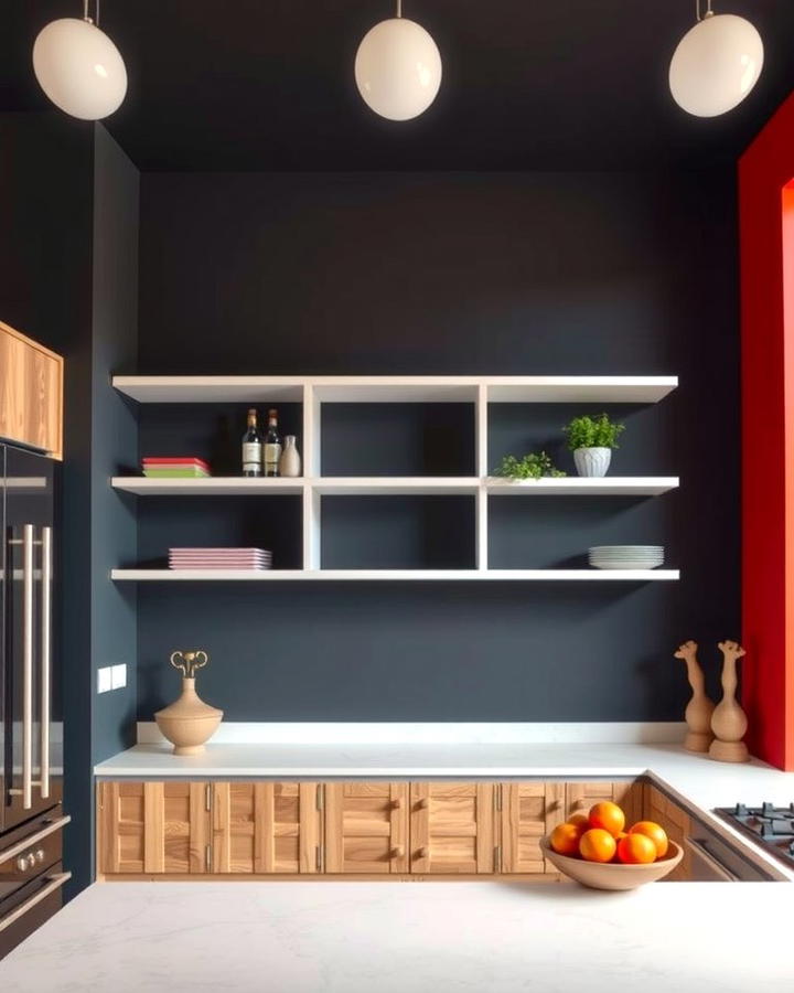 Contrasting Shelves Against Bold Walls - 25 Open Shelving Kitchen Ideas