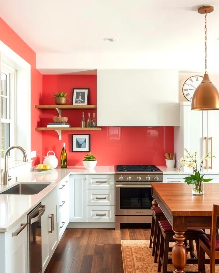 Coral Pink Accent Wall - 30 Pink Kitchen Ideas