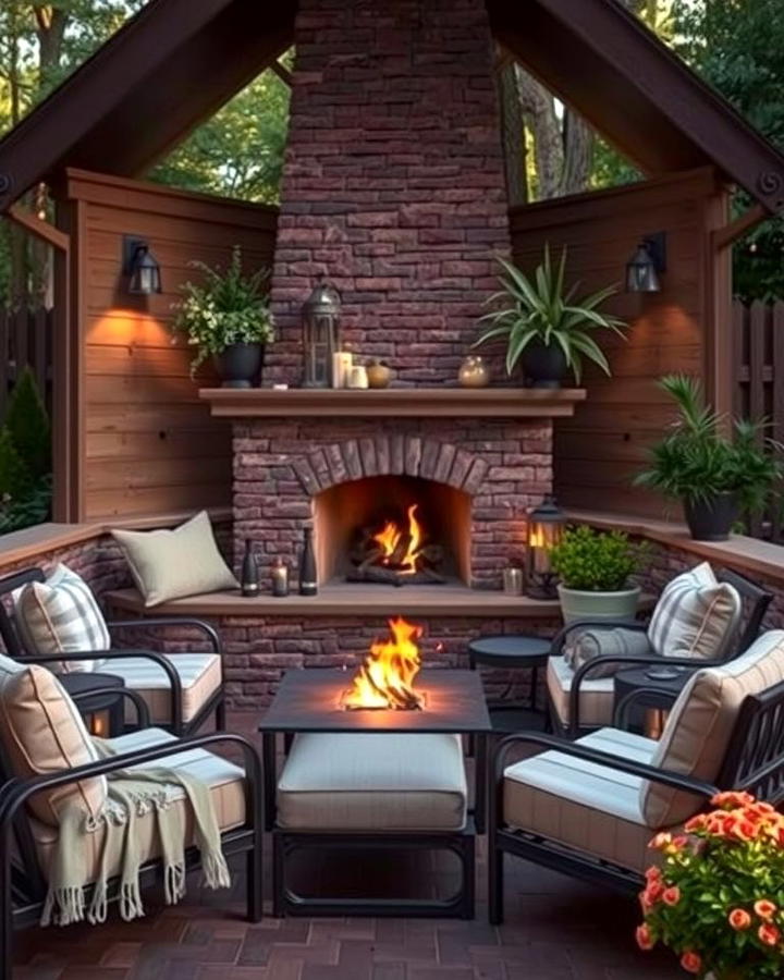 Corner Fireplace with Comfortable Lounge Chairs - 25 Outdoor Corner Fireplace Ideas