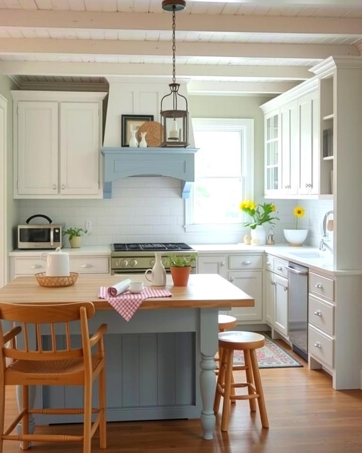 Cottage Comfort with Beadboard White Cabinets and Sky Blue Island - 25 White Kitchen Cabinets With Blue Island