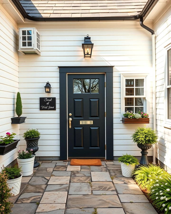 Cottagecore Charm - 25 White House Ideas With Black Doors