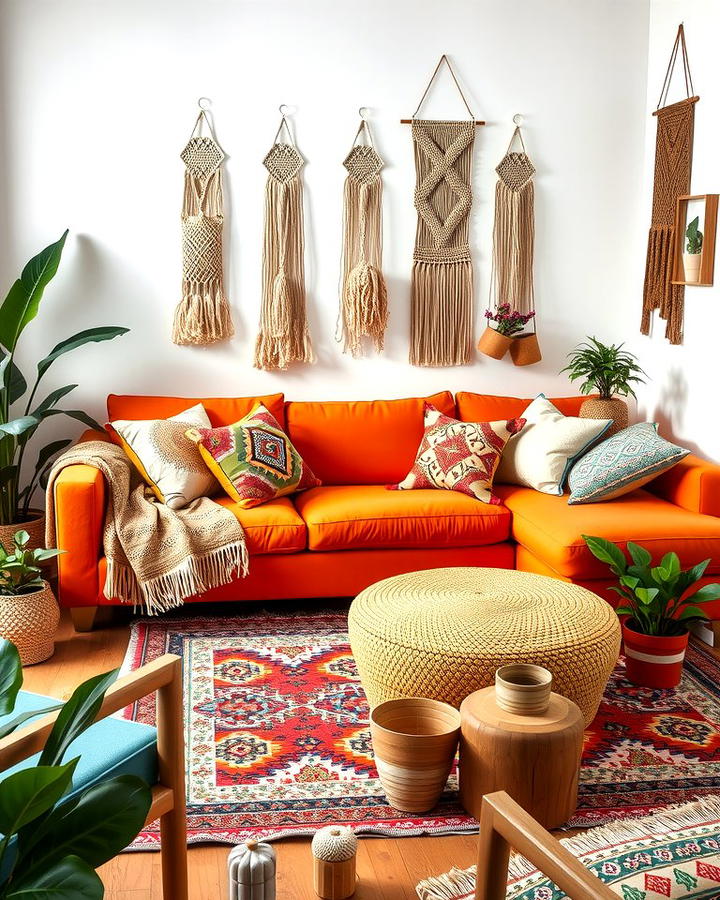 Cozy Bohemian with Orange Accents - 25 Orange Couch Living Room Ideas