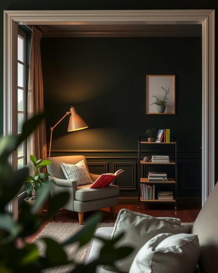 Cozy Dark Green Reading Nook - 30 Dark Green Living Room Ideas