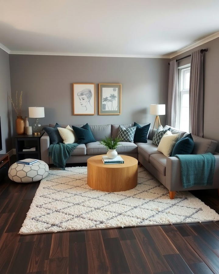 Cozy Textures for Added Comfort - 30 Grey Living Room With Dark Wood Floors