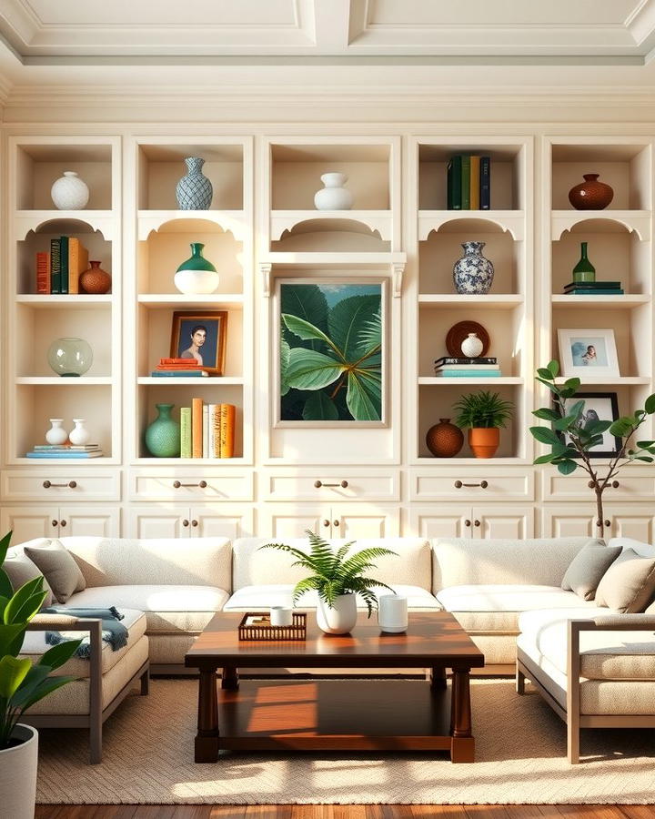 Cream Bookshelves with Sage Green Decor - 25 sage green and cream living room ideas