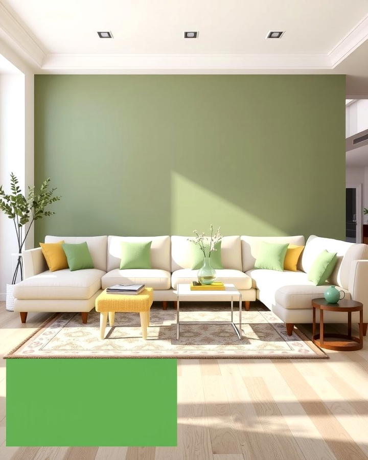 Cream Sectional with Sage Green Accent Wall - 25 sage green and cream living room ideas