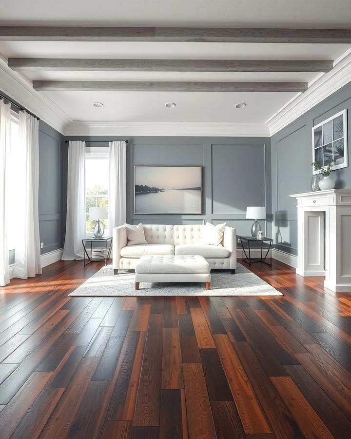 Creating Contrast with White Accents - 30 Grey Living Room With Dark Wood Floors