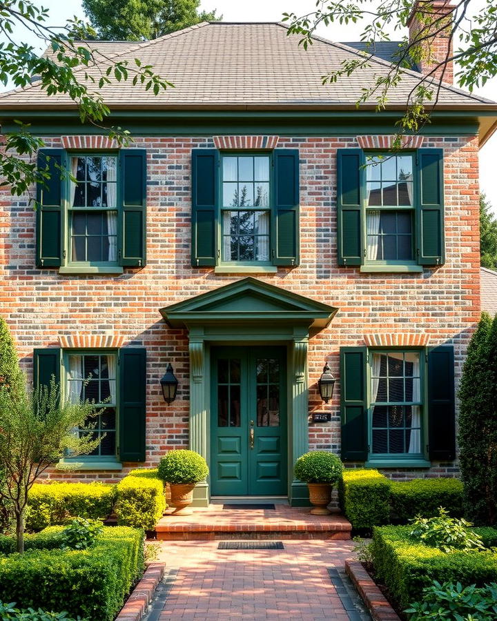 Creating Depth with Dark Green Shutters - 25 Sage Green Painted Brick House Ideas