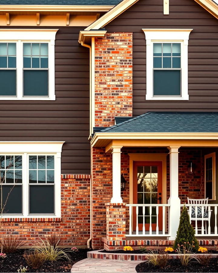 Dark Brown Vinyl with Red Brick - 25 Vinyl Siding and Brick Combinations