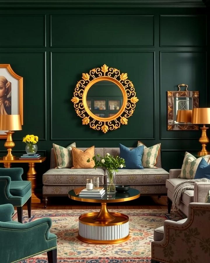 Dark Green Accent Wall with Gold Accents - 30 Dark Green Living Room Ideas