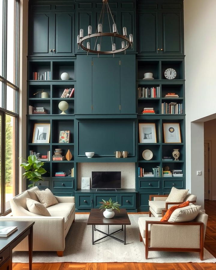 Dark Green Built In Shelving - 30 Dark Green Living Room Ideas