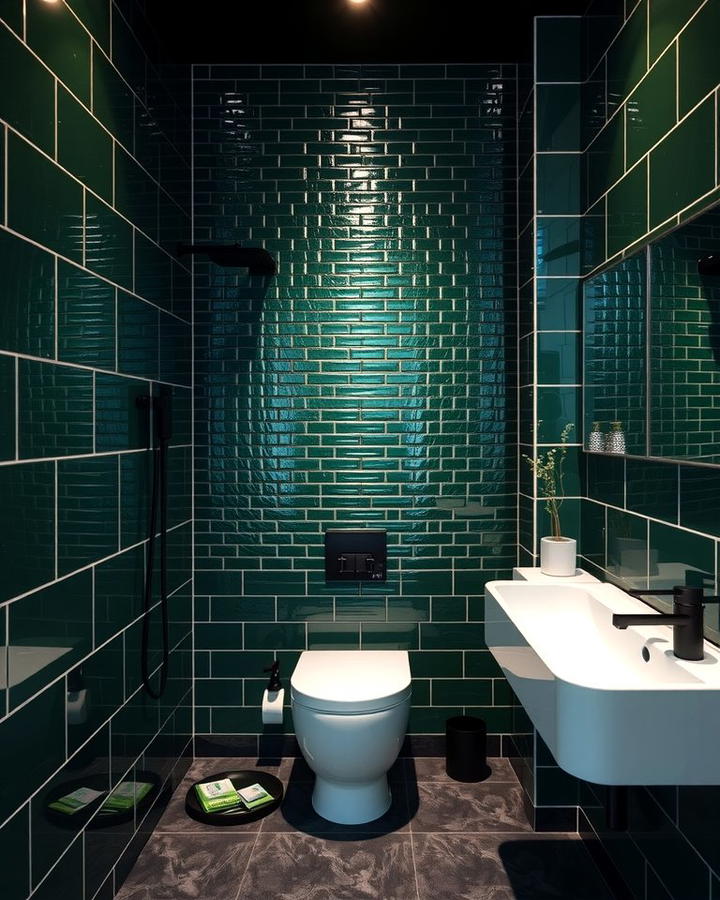 Dark Green Tiles with Matte Black Fixtures - 30 Green Tile Bathroom Ideas