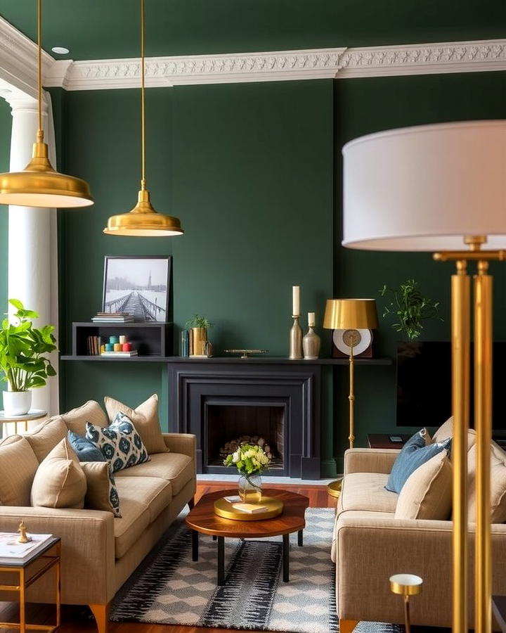 Dark Green and Brass Lighting Fixtures 2 - 30 Dark Green Living Room Ideas