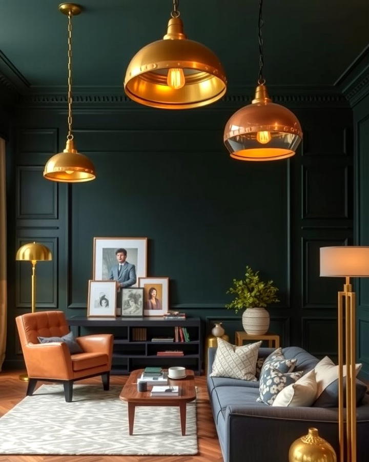 Dark Green and Brass Lighting Fixtures - 30 Dark Green Living Room Ideas