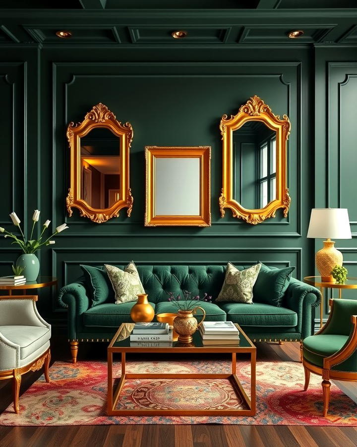 Dark Green and Gold Accents - 30 Dark Green Living Room Ideas