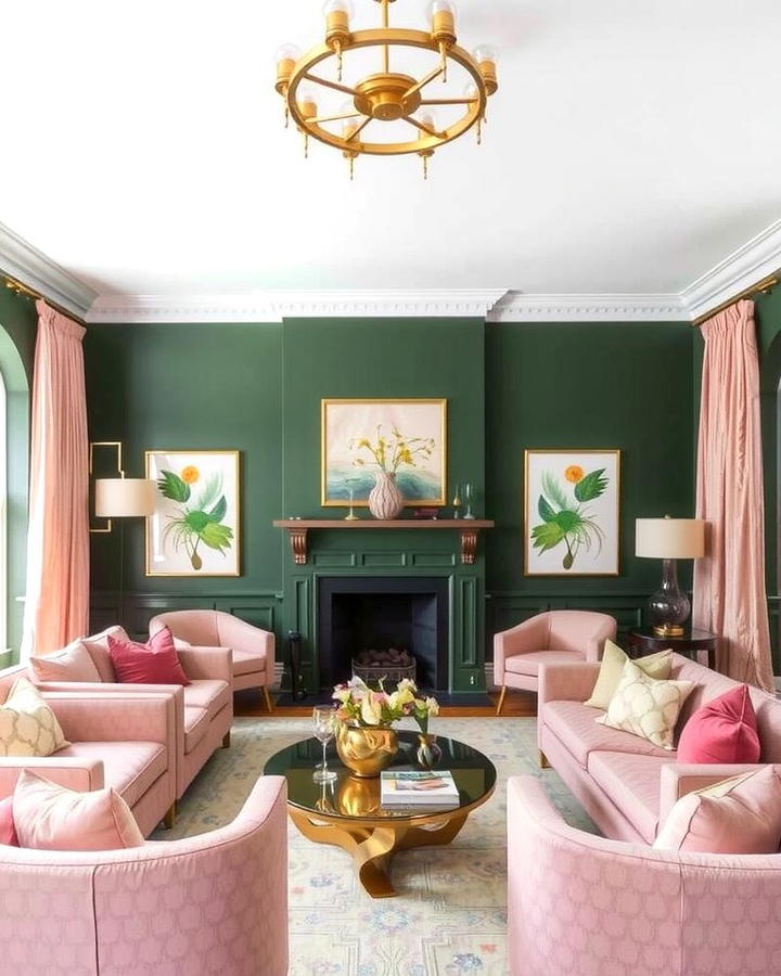 Dark Green and Pink Pairing - 30 Dark Green Living Room Ideas