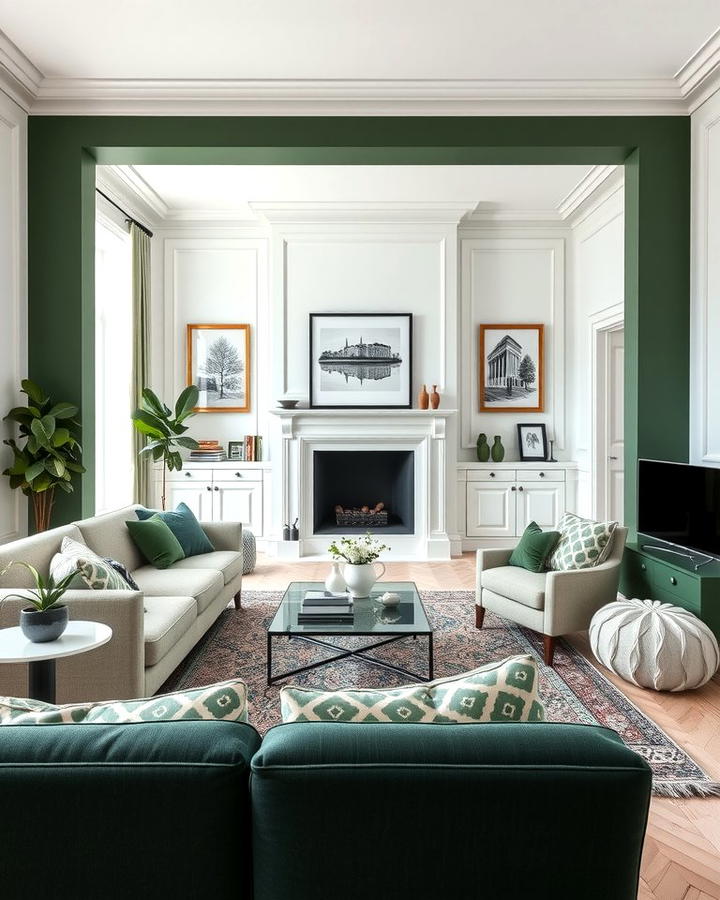 Dark Green and White Contrast - 30 Dark Green Living Room Ideas