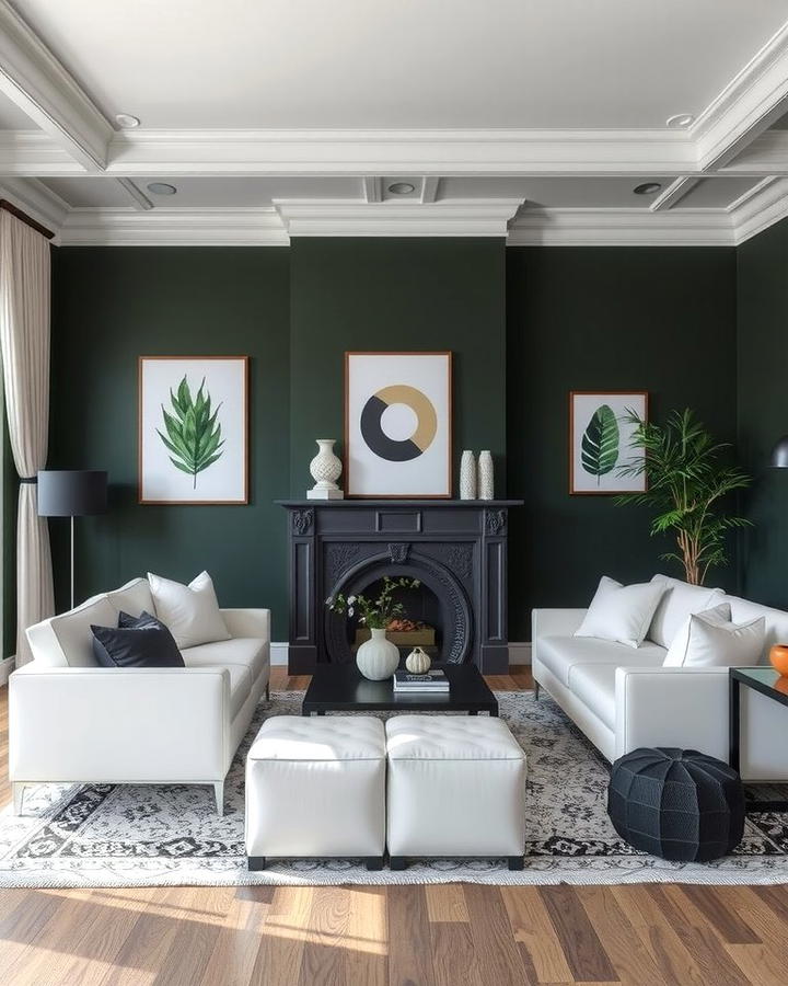 Dark Green with Black and White Accents - 30 Dark Green Living Room Ideas