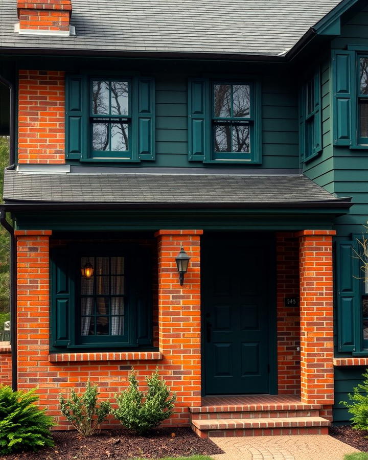 Dark Green with Red Brick Accents - 30 Dark Green Exterior Ideas