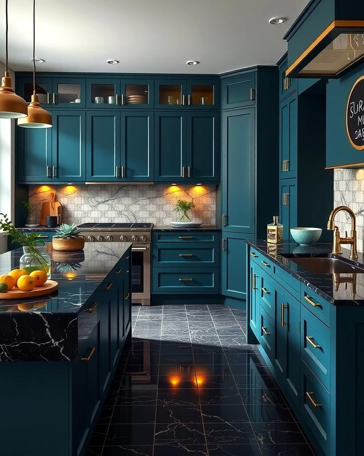 Dark Teal Cabinets with Black Marble Countertops - 30 Green Kitchen Cabinets With Black Countertops