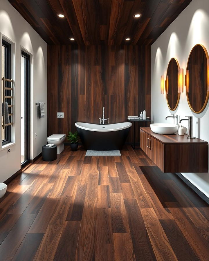 Dark Walnut for Dramatic Contrast - 30 Ideas for Wood Floors in Bathrooms