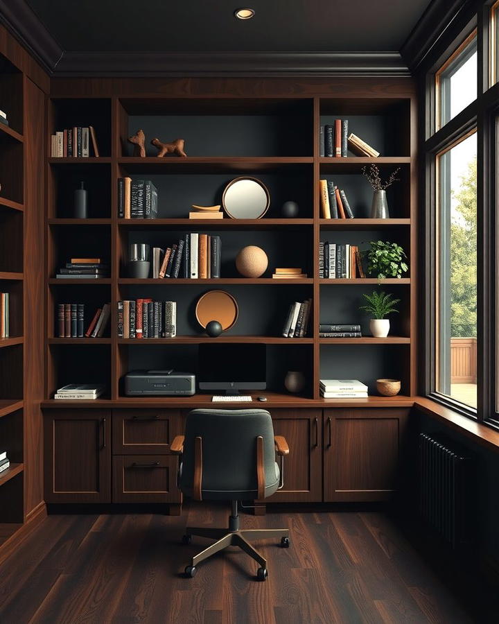 Dark Wood Shelving - 30 dark home office design ideas