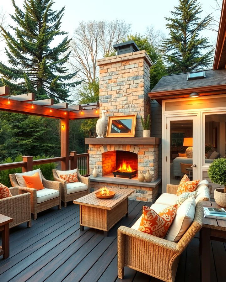 Deck with Outdoor Fireplace - 25 Mobile Home Deck Ideas