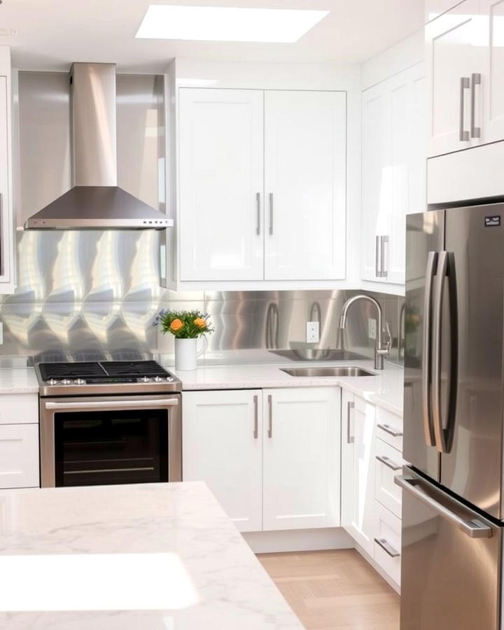 Decorative Metallic Backsplash - 25 White Kitchen with Stainless Steel Appliances Ideas