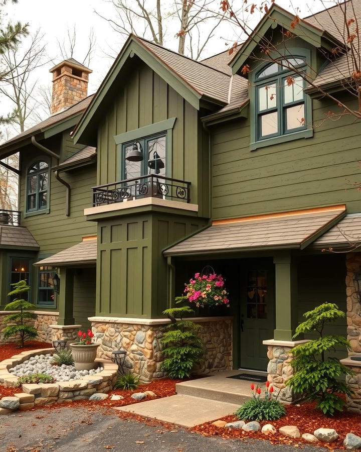 Deep Olive with Stone Elements - 25 Olive Green House Exterior Ideas