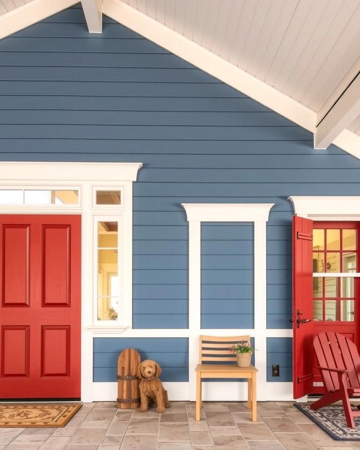 Denim Blue with White and Rustic Red Accents - 30 blue exterior house paint ideas