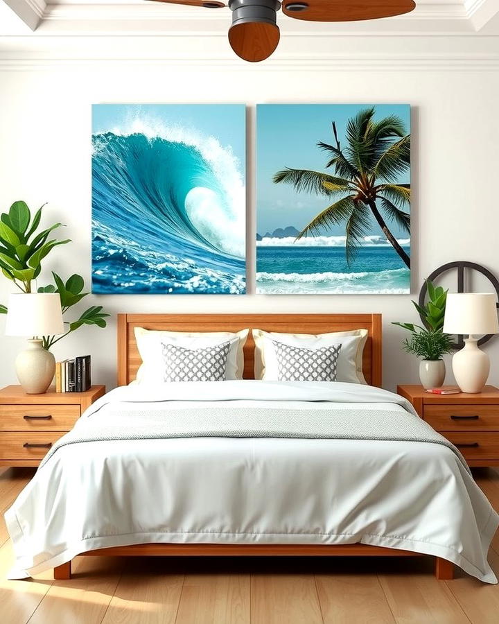 Display Beach Inspired Artwork - 25 Tropical Bedroom Ideas