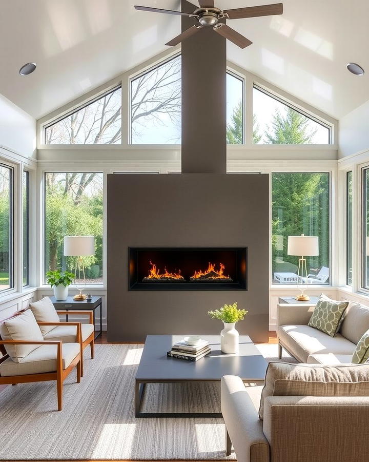 Double Sided Fireplace in a Sunroom - 25 Sunroom With Fireplace Ideas